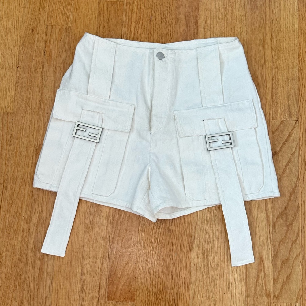 Fendi FF Baguette Buckled Denim Shorts women's white